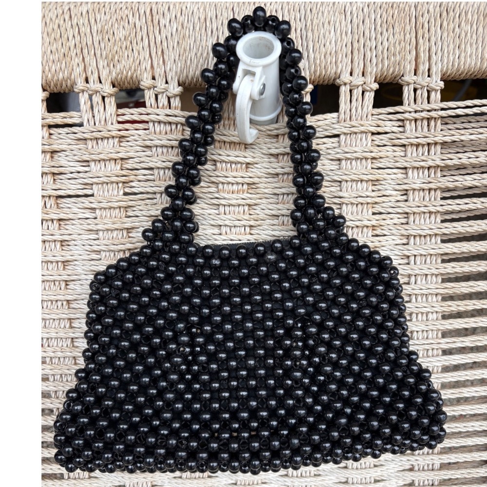 Vintage Sarne Black Beaded Handbag Retro Evening Bag Zipper Mini Made in Japan‎